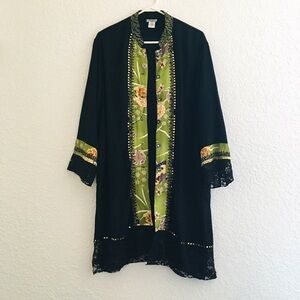 Usindo Kimono Retro Chic Beaded Oriental Duster Black with Lace Trim Size L